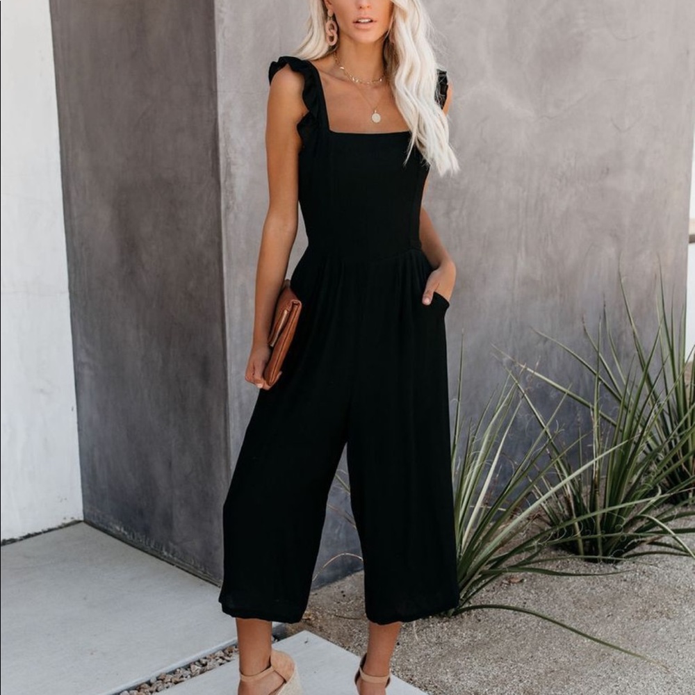 FASHION FAITHFUL POCKETED RUFFLE TIE BACK JUMPSUIT